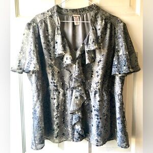 Covington Gray Mix Grayscale Snake Print Ruffle Front Flutter Slv Blouse 16W 18W